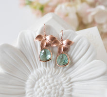 Load image into Gallery viewer, Rose Gold Aquamarine Earrings, Aqua Blue Earrings, Wedding Jewelry, Bridesmaid Gift, March Birthstone, Orchid Flower Earrings, Gift for Her
