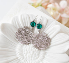 Load image into Gallery viewer, Emerald Green Earrings, Silver Filigree Earrings, May Birthstone, Birthday Gift for Women, Emerald Wedding Bridesmaid Earrings, Dark Green
