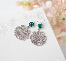 Load image into Gallery viewer, Emerald Green Earrings, Silver Filigree Earrings, May Birthstone, Birthday Gift for Women, Emerald Wedding Bridesmaid Earrings, Dark Green
