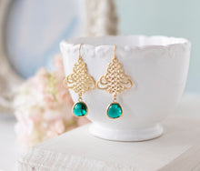 Load image into Gallery viewer, Gold and Emerald Green Earrings, Celtic Knot Earrings, Gold Filigree, Emerald Wedding Jewelry, May Birthstone, Gift for Mom Wife Girlfriend
