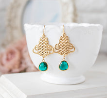 Load image into Gallery viewer, Gold and Emerald Green Earrings, Celtic Knot Earrings, Gold Filigree, Emerald Wedding Jewelry, May Birthstone, Gift for Mom Wife Girlfriend
