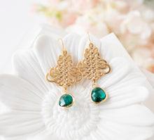 Load image into Gallery viewer, Gold and Emerald Green Earrings, Celtic Knot Earrings, Gold Filigree, Emerald Wedding Jewelry, May Birthstone, Gift for Mom Wife Girlfriend
