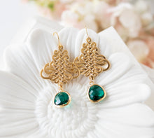 Load image into Gallery viewer, Gold and Emerald Green Earrings, Celtic Knot Earrings, Gold Filigree, Emerald Wedding Jewelry, May Birthstone, Gift for Mom Wife Girlfriend
