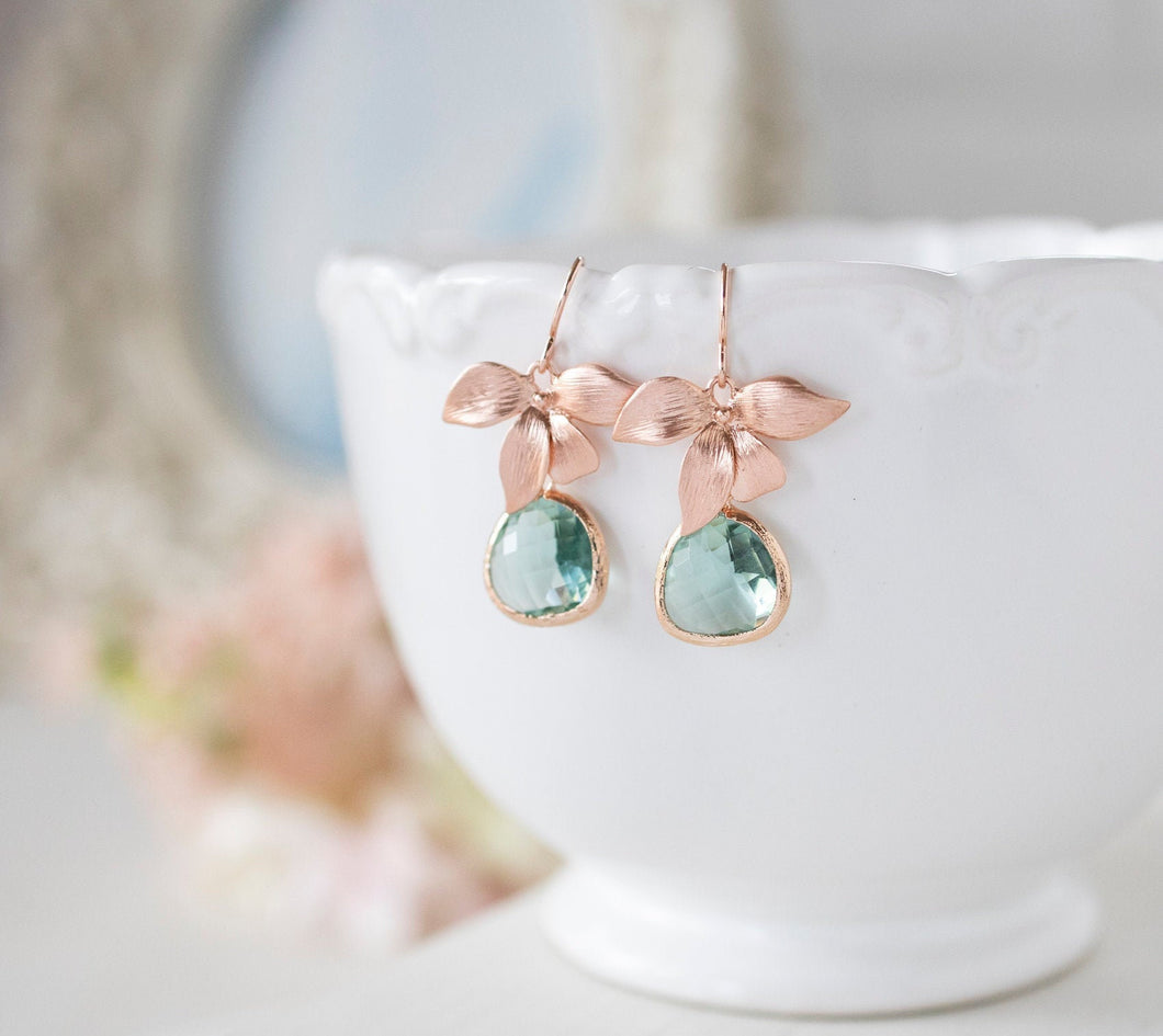 Rose Gold Aquamarine Earrings, Aqua Blue Earrings, Wedding Jewelry, Bridesmaid Gift, March Birthstone, Orchid Flower Earrings, Gift for Her