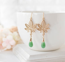 Load image into Gallery viewer, Gold Marijuana Leaf Earrings, Cannabis Earrings, Jade Green Drop Earrings, Weed Leaf Dangle Earrings, Plant Jewelry, Statement Jewelry
