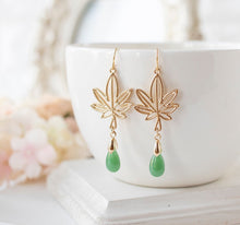 Load image into Gallery viewer, Gold Marijuana Leaf Earrings, Cannabis Earrings, Jade Green Drop Earrings, Weed Leaf Dangle Earrings, Plant Jewelry, Statement Jewelry
