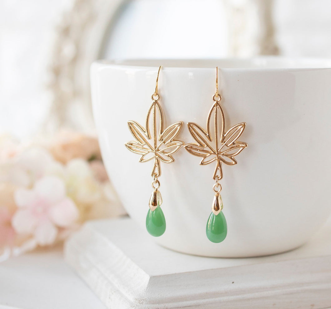 Gold Marijuana Leaf Earrings, Cannabis Earrings, Jade Green Drop Earrings, Weed Leaf Dangle Earrings, Plant Jewelry, Statement Jewelry