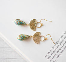 Load image into Gallery viewer, Turquoise Blue Dangle Earrings, Textured Gold Dangle Earrings, Etched Teardrop Blue Bead Earrings, Bohemian Boho Earrings, Gift for Her
