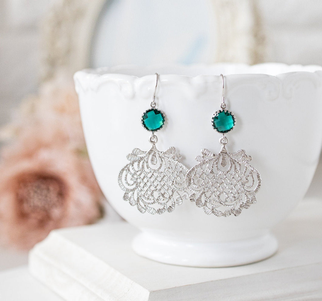 Emerald Green Earrings, Silver Filigree Earrings, May Birthstone, Birthday Gift for Women, Emerald Wedding Bridesmaid Earrings, Dark Green