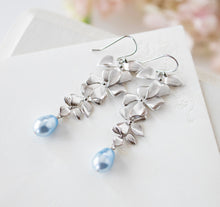 Load image into Gallery viewer, Powder Blue Baby Blue Teardrop Pearl Earrings, Silver Flowers long Dangle Earrings, Something Blue Wedding, Soft Blue Light Blue Earrings
