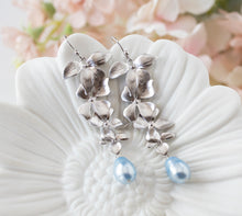 Load image into Gallery viewer, Powder Blue Baby Blue Teardrop Pearl Earrings, Silver Flowers long Dangle Earrings, Something Blue Wedding, Soft Blue Light Blue Earrings
