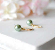 Load image into Gallery viewer, Sage Green Pearl Earrings with Gold Cubic Zirconia hooks, Sage Green Wedding Jewelry, Bridal Party Bridesmaid Gift,  Green drop Earrings
