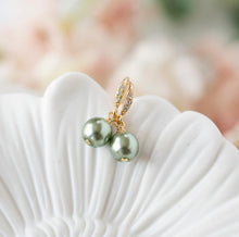 Load image into Gallery viewer, Sage Green Pearl Earrings with Gold Cubic Zirconia hooks, Sage Green Wedding Jewelry, Bridal Party Bridesmaid Gift,  Green drop Earrings
