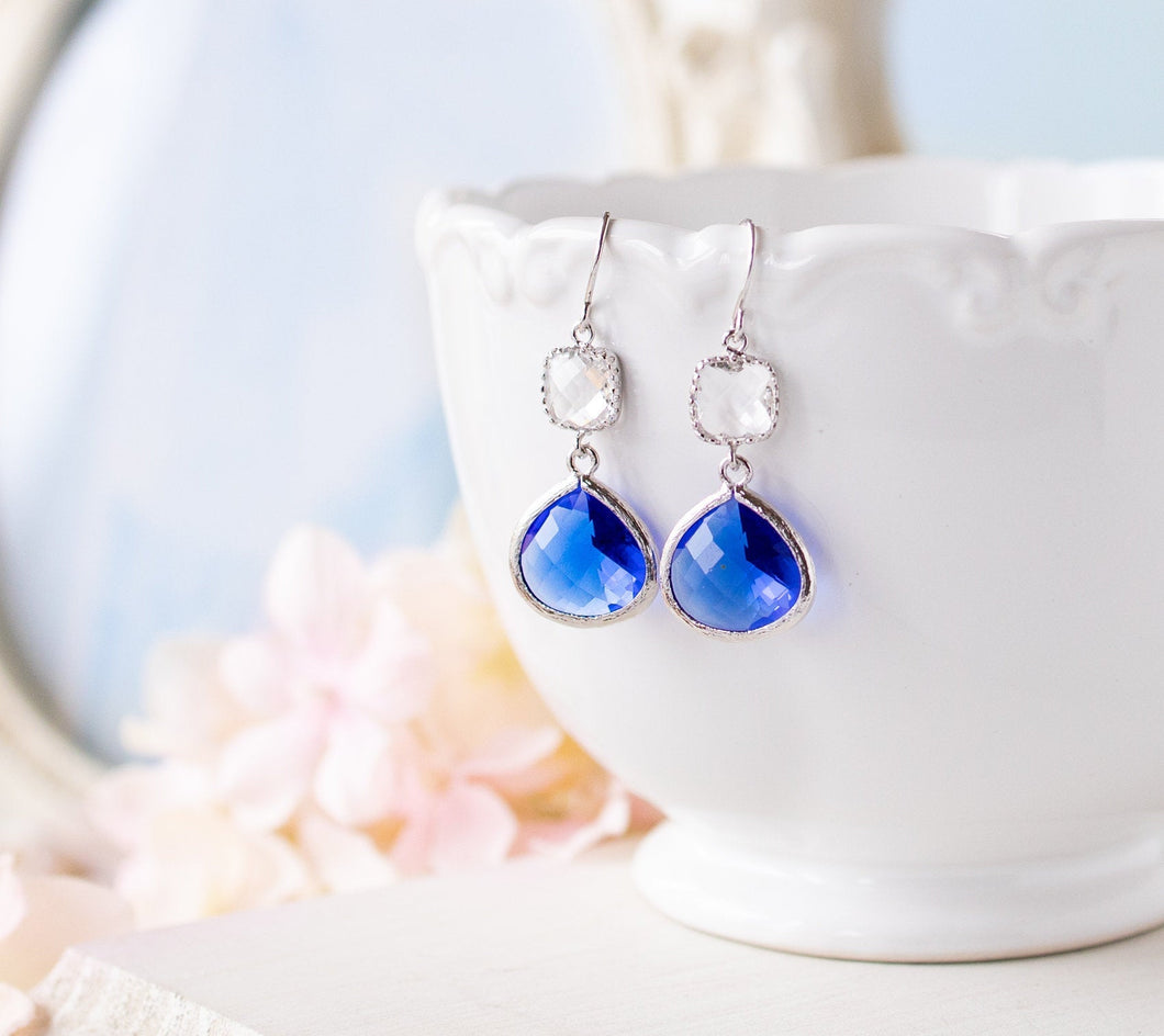 Silver Plated Sapphire Blue Clear Crystal Dangle Earrings, Cobalt Blue Earrings, Blue Wedding Bridesmaid Gift, September Birthstone