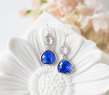 Load image into Gallery viewer, Silver Plated Sapphire Blue Clear Crystal Dangle Earrings, Cobalt Blue Earrings, Blue Wedding Bridesmaid Gift, September Birthstone
