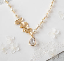 Load image into Gallery viewer, Cream White Pearl Clear Teardrop Crystal Gold Flower Blossoms Bridal Necklace, Wedding Jewelry, Bridal Pearl Necklace, Clear Crystal pendant
