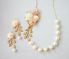 Load image into Gallery viewer, Pastel Pink white flower Blossoms collage necklace, Gold leaf Branch Swallow Bird cream white pearl Necklace, Vintage Wedding Bridal Jewelry
