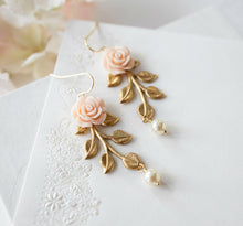 Load image into Gallery viewer, Pastel Pink white flower Blossoms collage necklace, Gold leaf Branch Swallow Bird cream white pearl Necklace, Vintage Wedding Bridal Jewelry
