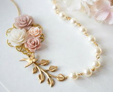 Load image into Gallery viewer, Pastel Pink white flower Blossoms collage necklace, Gold leaf Branch Swallow Bird cream white pearl Necklace, Vintage Wedding Bridal Jewelry
