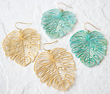 Load image into Gallery viewer, Gold Monstera Earrings, Large Leaf Earrings, Statement Earrings, Boho Bohemian Earrings, Botanical Woodland Jewelry, Gift for Women for her
