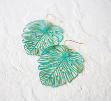 Load image into Gallery viewer, Monstera Leaf Earrings, Verdigris Patina Statement Earrings, Large Green Blue Filigree Brass Leaf, Botanical,Woodland Jewelry, Gift for Her
