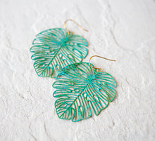 Load image into Gallery viewer, Gold Monstera Earrings, Large Leaf Earrings, Statement Earrings, Boho Bohemian Earrings, Botanical Woodland Jewelry, Gift for Women for her
