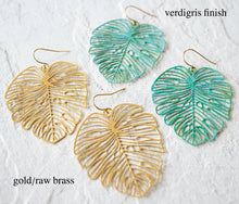 Load image into Gallery viewer, Gold Monstera Earrings, Large Leaf Earrings, Statement Earrings, Boho Bohemian Earrings, Botanical Woodland Jewelry, Gift for Women for her
