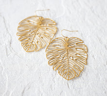 Load image into Gallery viewer, Gold Monstera Earrings, Large Leaf Earrings, Statement Earrings, Boho Bohemian Earrings, Botanical Woodland Jewelry, Gift for Women for her
