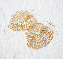 Load image into Gallery viewer, Gold Monstera Earrings, Large Leaf Earrings, Statement Earrings, Boho Bohemian Earrings, Botanical Woodland Jewelry, Gift for Women for her
