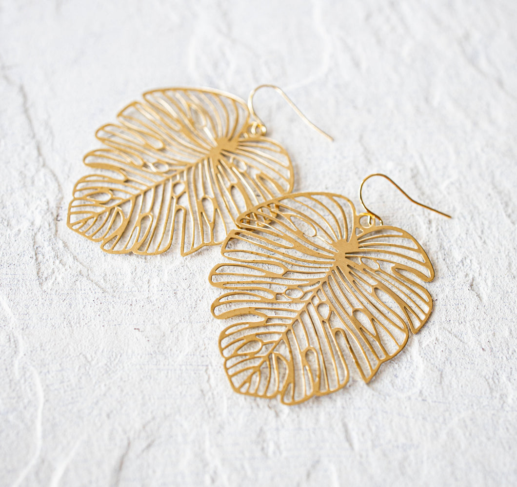 Gold Monstera Earrings, Large Leaf Earrings, Statement Earrings, Boho Bohemian Earrings, Botanical Woodland Jewelry, Gift for Women for her