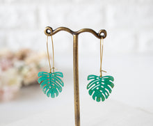 Load image into Gallery viewer, Monstera Earrings, Green Blue Verdigris Leaf Earrings, Boho turquoise leaf Earrings, Bohemian Jewelry, Gift for girlfriend Wife Daughter
