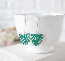 Load image into Gallery viewer, Monstera Earrings, Green Blue Verdigris Leaf Earrings, Boho turquoise leaf Earrings, Bohemian Jewelry, Gift for girlfriend Wife Daughter
