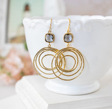 Load image into Gallery viewer, Gold Hoop Earrings with Gray Glass Stones, Gold Circle Earrings, Boho Earrings, Gift for Wife, Gift for Mom, Gift for Girlfriend for Sister
