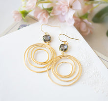 Load image into Gallery viewer, Gold Hoop Earrings with Gray Glass Stones, Gold Circle Earrings, Boho Earrings, Gift for Wife, Gift for Mom, Gift for Girlfriend for Sister
