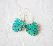 Load image into Gallery viewer, Monstera Earrings, Green Blue Verdigris Leaf Earrings, Boho turquoise leaf Earrings, Bohemian Jewelry, Gift for girlfriend Wife Daughter
