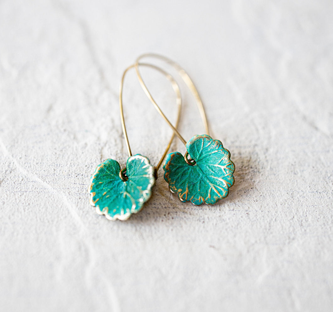 Lily Pad Earrings, Green Leaf Earrings, Turquoise Blue Verdigris Leaf Earrings, Boho Earrings, Bohemian, Gift for women mom daughter sister