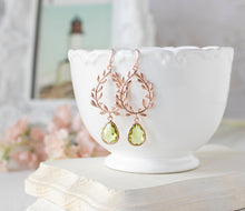 Load image into Gallery viewer, Peridot Green Earrings, Rose Gold Olive Leaf Wreath Earrings, Green Wedding Jewelry, August Birthstone, Bridesmaid Gift, Gift for Her
