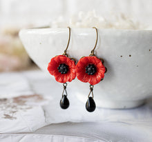 Load image into Gallery viewer, Poppy Flower Earrings, Red Flower Black Teardrop Glass Bead Dangle Earrings, Red and Black, Vintage Style, Gift for Her
