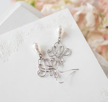 Load image into Gallery viewer, Silver Bridal Pearl Earrings, Wedding Jewelry, Bridesmaid Gift, Cream White Teardrop Pearl Earrings,  Silver Filigree, Bridesmaid Earrings
