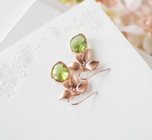 Load image into Gallery viewer, Rose Gold Peridot Green Earrings, Flower Dangle Earrings, Light Green Glass Drop Earrings, Bridesmaid Gift, August Birthstone, Gift for Her
