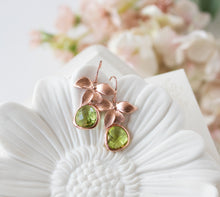 Load image into Gallery viewer, Rose Gold Peridot Green Earrings, Flower Dangle Earrings, Light Green Glass Drop Earrings, Bridesmaid Gift, August Birthstone, Gift for Her
