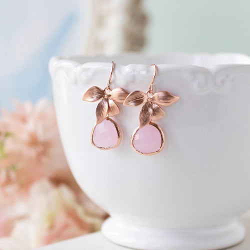 rose gold flower rose quartz pink crystal earrings