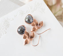 Load image into Gallery viewer, Rose Gold Gray Earrings, Charcoal Smokey Quartz Earrings, Orchid Flower Dangle Earrings, Gray Drop Earrings, Bridesmaid Gift, Gift for Her
