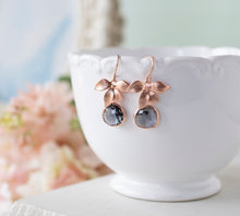 Load image into Gallery viewer, Rose Gold Gray Earrings, Charcoal Smokey Quartz Earrings, Orchid Flower Dangle Earrings, Gray Drop Earrings, Bridesmaid Gift, Gift for Her
