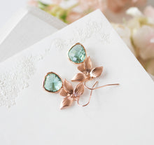 Load image into Gallery viewer, Rose Gold Aquamarine Earrings, Aqua Blue Earrings, Wedding Jewelry, Bridesmaid Gift, March Birthstone, Orchid Flower Earrings, Gift for Her
