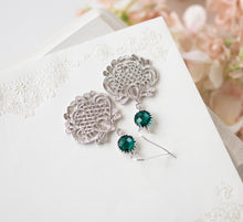 Load image into Gallery viewer, Emerald Green Earrings, Silver Filigree Earrings, May Birthstone, Birthday Gift for Women, Emerald Wedding Bridesmaid Earrings, Dark Green
