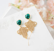 Load image into Gallery viewer, Gold and Emerald Green Earrings, Celtic Knot Earrings, Gold Filigree, Emerald Wedding Jewelry, May Birthstone, Gift for Mom Wife Girlfriend
