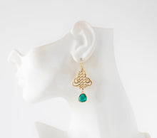 Load image into Gallery viewer, Gold and Emerald Green Earrings, Celtic Knot Earrings, Gold Filigree, Emerald Wedding Jewelry, May Birthstone, Gift for Mom Wife Girlfriend
