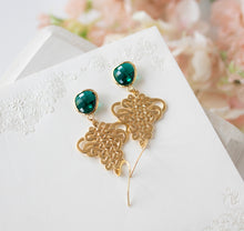 Load image into Gallery viewer, Gold and Emerald Green Earrings, Celtic Knot Earrings, Gold Filigree, Emerald Wedding Jewelry, May Birthstone, Gift for Mom Wife Girlfriend
