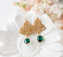 Load image into Gallery viewer, Gold and Emerald Green Earrings, Celtic Knot Earrings, Gold Filigree, Emerald Wedding Jewelry, May Birthstone, Gift for Mom Wife Girlfriend
